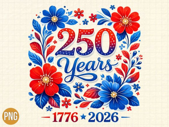 250 Years: 1776–2026 Floral USA PNG Design