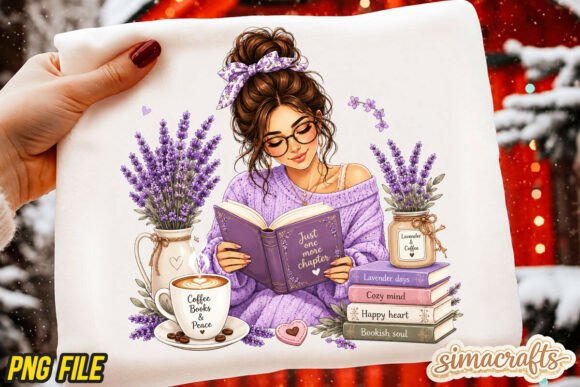 Girl Reading Book Lavender Coffee PNG